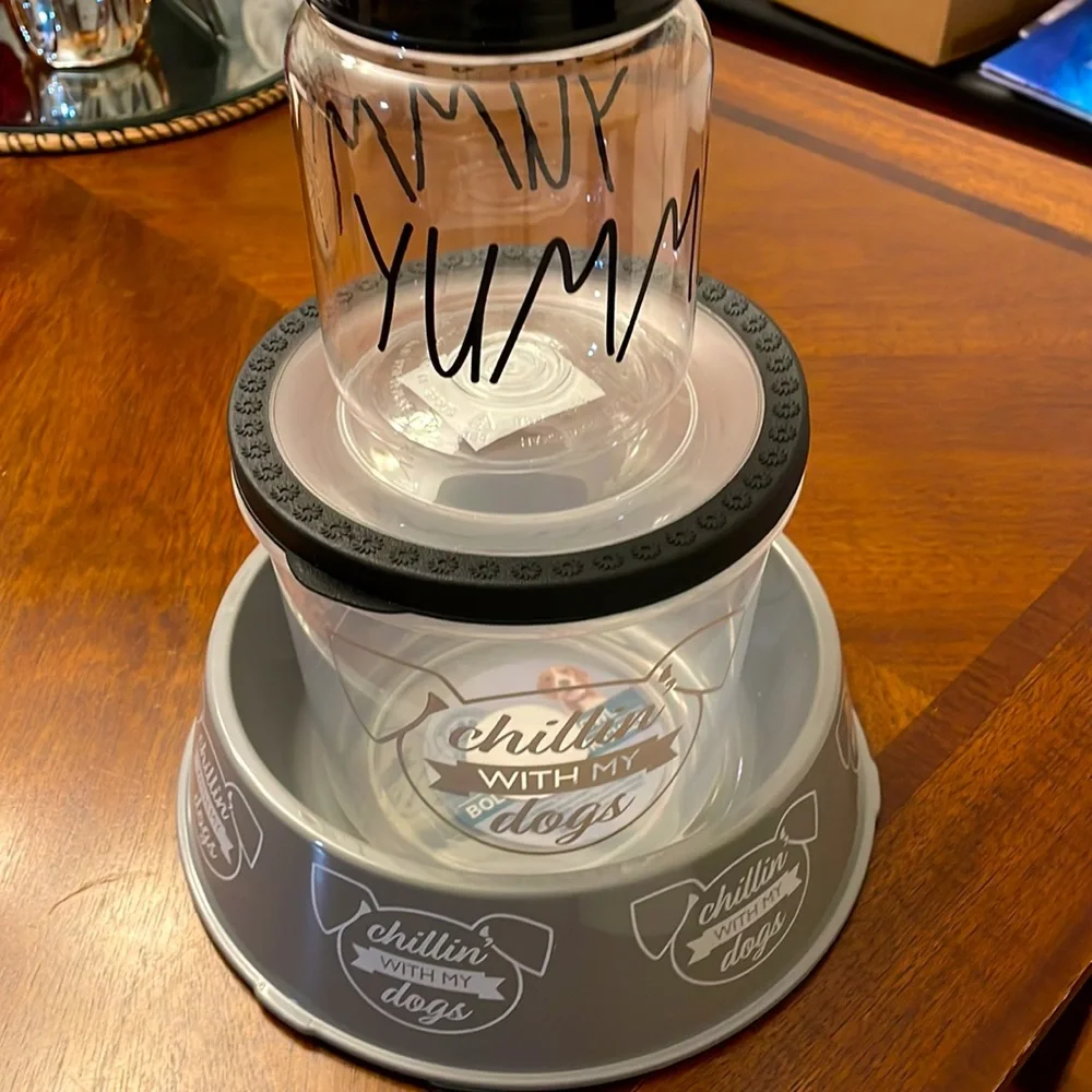 New two large dog bowls, one pet food jar, one small pet food jar